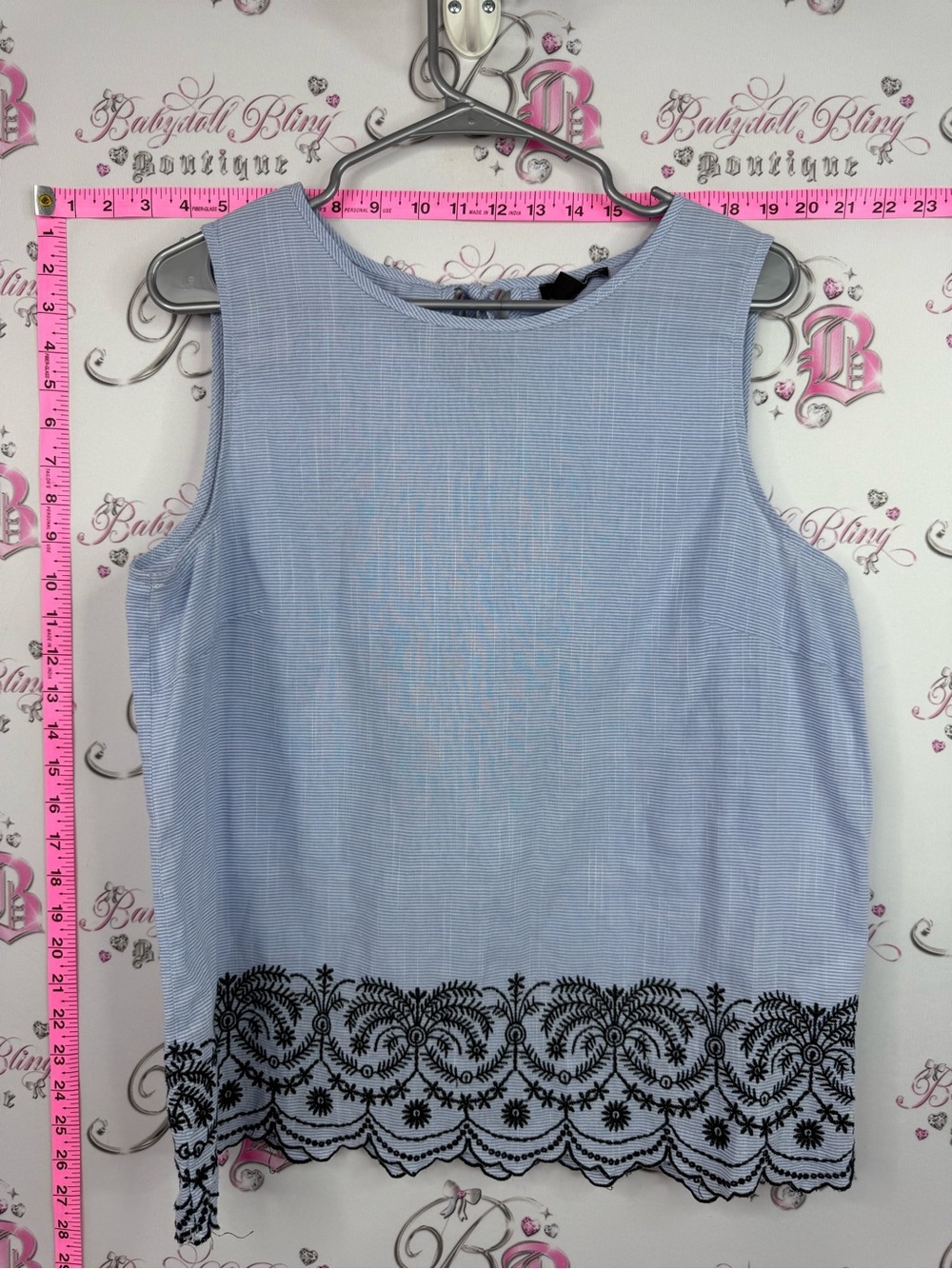 Saks Fifth Avenue Light Blue Tank Top with Black Embroidered Hem